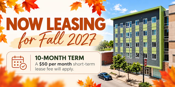 A building with a sign advertising leasing for fall 2027.