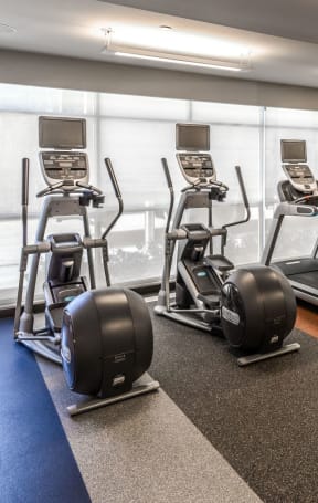 a gym with rows of exercise equipment on the floor at Lex and Leo at Waterfront Station, District of Columbia at Lex and Leo at Waterfront Station, District of Columbia 20024