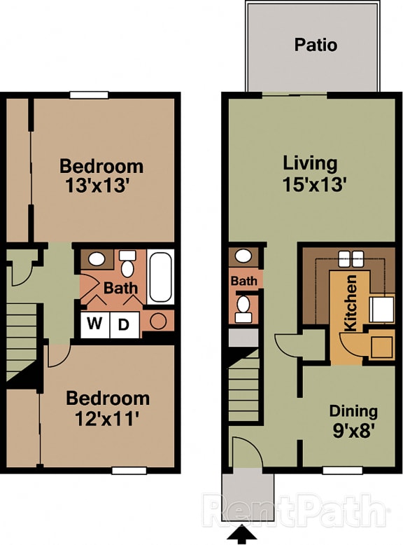 2 BR 1.5 Bath Townhome Floor Plan at Country Lake Townhomes, Indianapolis