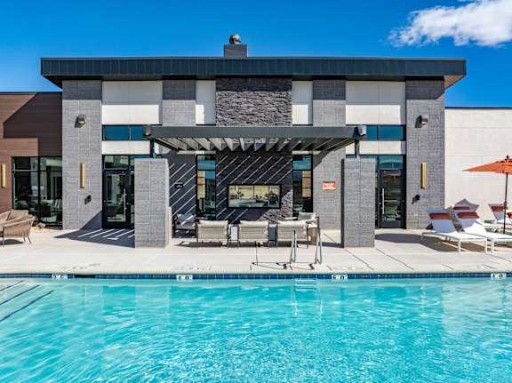Modern house with a pool in front at The Vue At Desert Color, St. George, Utah