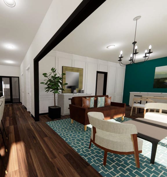 a rendering of a living room and dining room with a table and chairs
