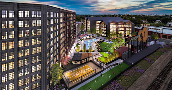 an aerial rendering of a redevelopment of an urban park with tall buildings
