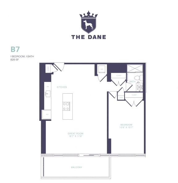 The one-bedroom floor plan at The Dane in Wynnefield, PA.