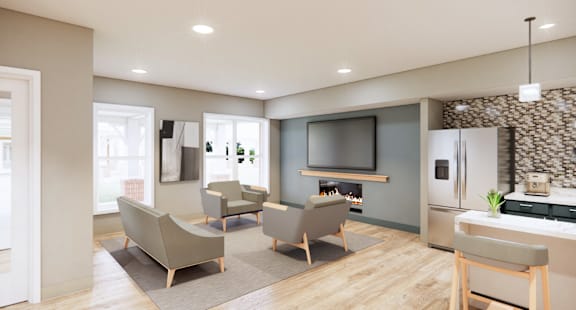 A modern living room with a grey sofa set and a stone backsplash in the kitchen.