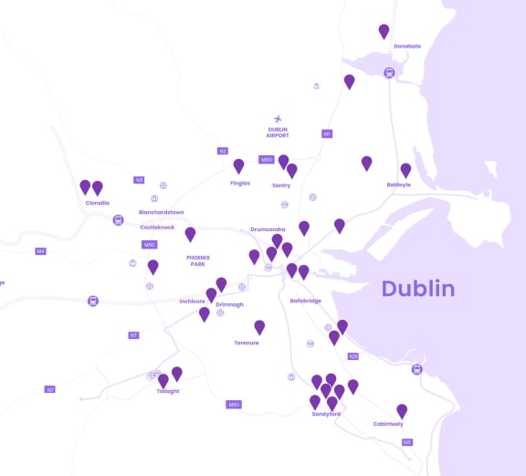a map with purple circles on it