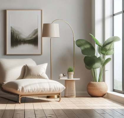 a living room with a white chair and plants