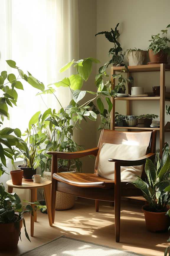 A wooden chair with a cushion sits in front of a shelf with potted plants.at The Arvon, Vancouver Washington