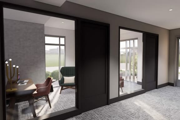 a rendering of a room with a desk and chairs