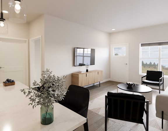 A modern kitchen with a dining table and chairs at Solhaven Grand Chute, Wisconsin