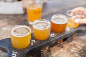 A person is holding a glass of beer in front of four other glasses of beer.