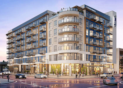 a rendering of an apartment building on a city street