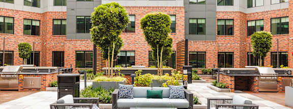 an outdoor lounge area with couches and a fire pit in front of a building at The Ivy, Chatham, NJ 07928
