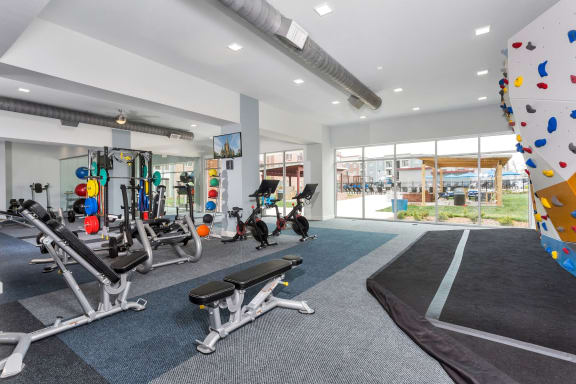 Westwood Green Apartments Fitness Center with rock climbing wall