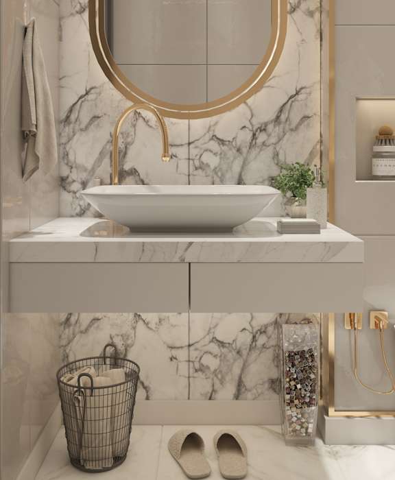 a bathroom with marble walls and a sink and a mirror