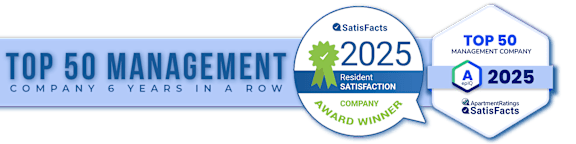 The image displays a badge for "Apartment Management Companies" with a grade of 'A' from epiQ and a "2022 Resident Satisfaction Award Winner" badge from Satisfacts.