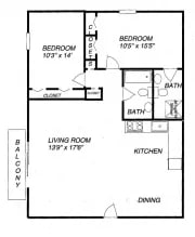 A floor plan of a home showing a kitchen, dining area, and three bedrooms.
