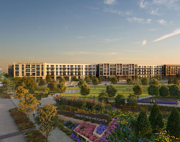 A rendering of a residential area with the name "Crestview Heights" displayed.