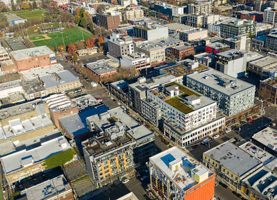 Aerial view of surrounding neighborhood at Infinity Apartments in Seattle WA