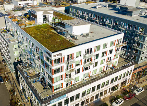 Aerial exterior view of Infinity Apartments in Seattle WA