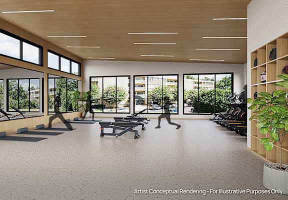 a rendering of a gym with cardio equipment and windows