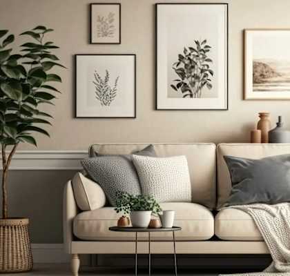 A living room with a white sofa, plants, and framed pictures on the wall.
