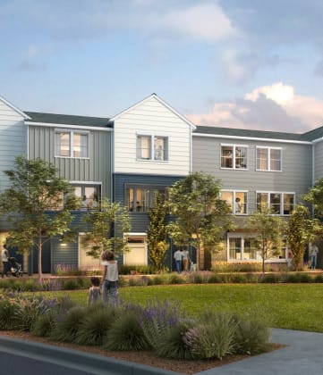 a rendering of an apartment complex with people walking on the sidewalk at Finley, Broomfield, CO, 80023