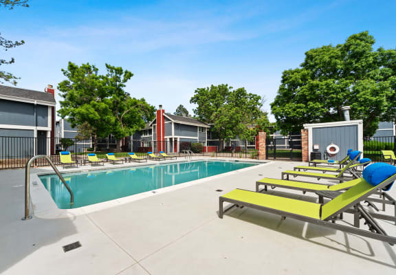 Swimming pool at Bridges at 9 Mile Station apartments in Denver, CO.