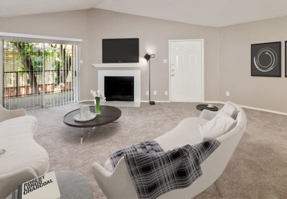 Model living room at Collin Creek apartments in Plano, TX.