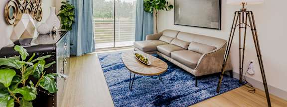 A living room with a grey sofa, a blue rug, and a TV on the wall.