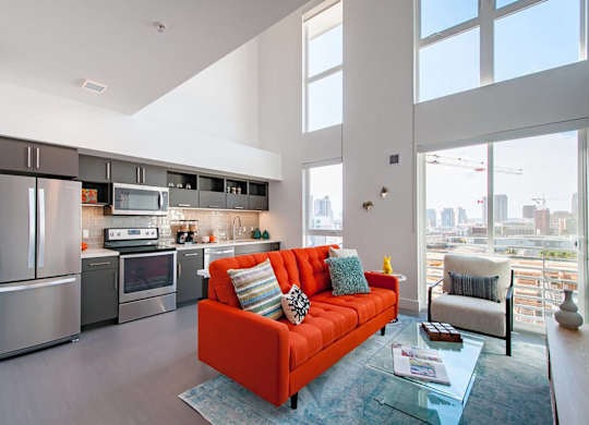 Model Loft Kitchen and Living Room at Idea1 Apartments in San Diego CA