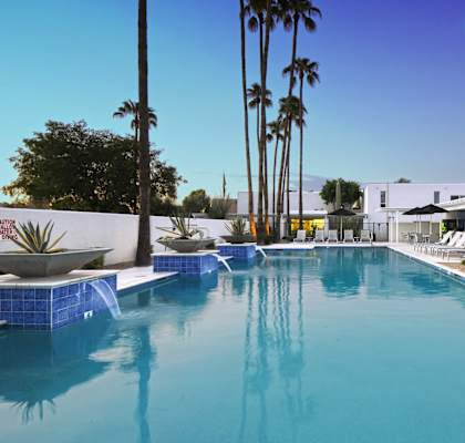 A swimming pool surrounded by palm trees and lounge chairs.at Winfield of Scottsdale, Scottsdale Arizona