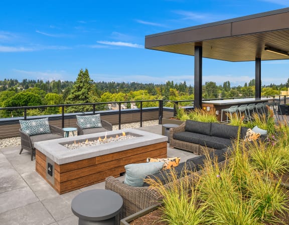 take in the views from the firepit on the rooftop deck