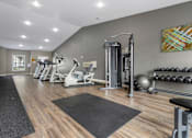 Thumbnail 9 of 10 - A gym with a variety of equipment including weights and a bench.