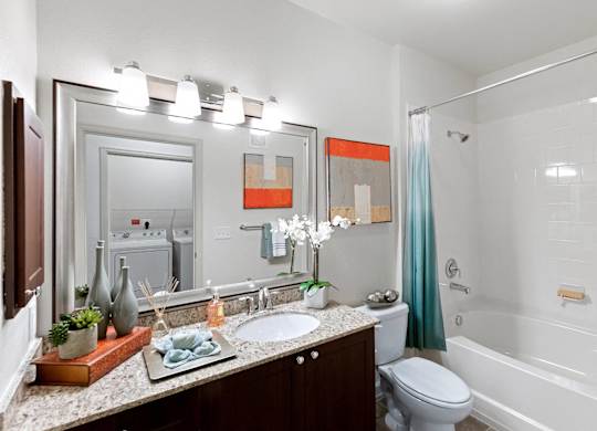 Bathroom with shower tub combo at Atley on the Greenway Apartments in Ashburn VA