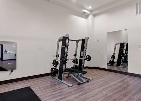Fitness Center weight room with mirror at Atley on the Greenway Apartments in Ashburn VA