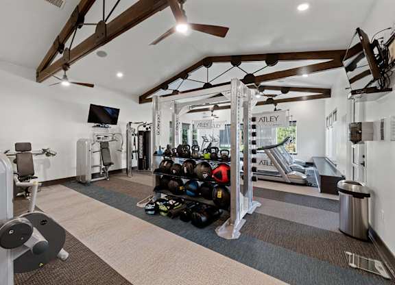 Fitness center weights at Atley on the Greenway Apartments in Ashburn VA