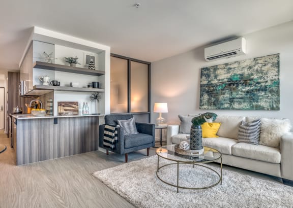 a living room with a couch and a coffee table