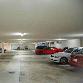 Underground parking garage with vehicle storage at Star Mill Lofts Apartments, Middleboro, MA