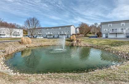 A pond in the middle of a grassy area with apartment buildings in the background.
