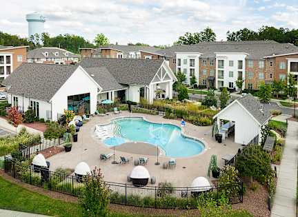 Aerial view of a pool at Pointe at Research Park Apartments, Charlotte, NC, 28262