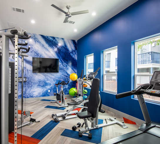 a gym with exercise equipment and a wall mural of the ocean