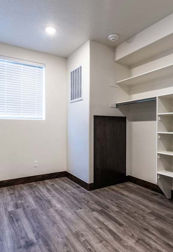 a bedroom with a closet and a window
