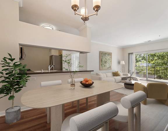 A modern dining room with a round table and chairs.