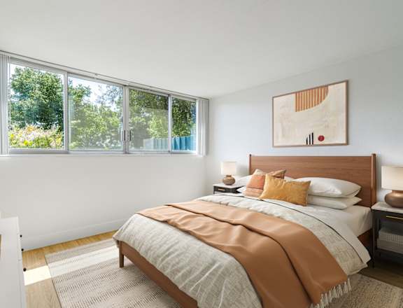 avenue two furnished bedroom with wide window and bright lighting at Avenue Two Apartments, Redwood City, California