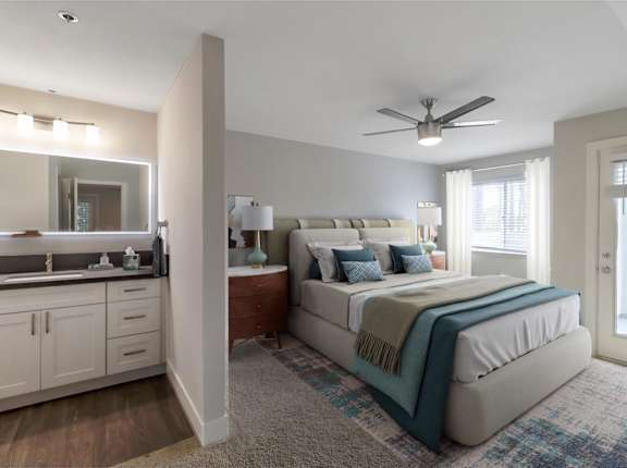 a bedroom with a bed and a ceiling fan at Nobel Court, San Diego, CA, 92122