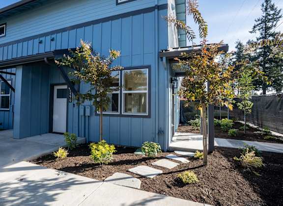 A blue house with a white door and windows, surrounded by a garden with a tree and plants.