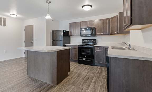 A modern kitchen with dark wood floors and stainless steel appliances.