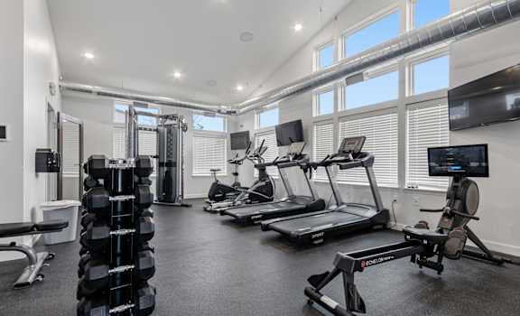 A spacious gym with a variety of equipment including treadmills, weights, and a rowing machine.