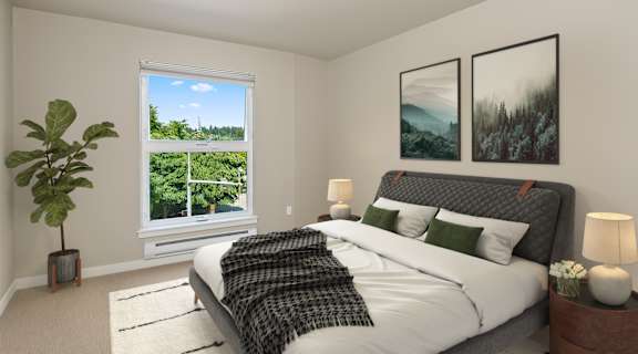 Bedroom with a large bed and a large window at Allez, WA 98052