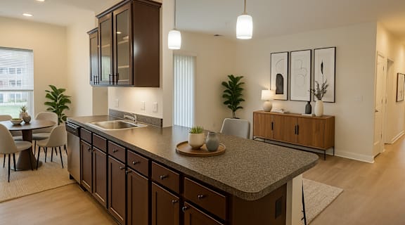 A modern kitchen with dark brown cabinets and a granite countertop.